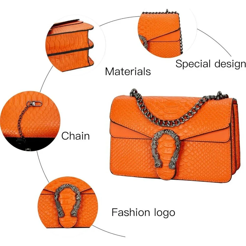 ⚡ Women's Orange Leather Vintage Snake Print Crossbody Square Satchel Handbag